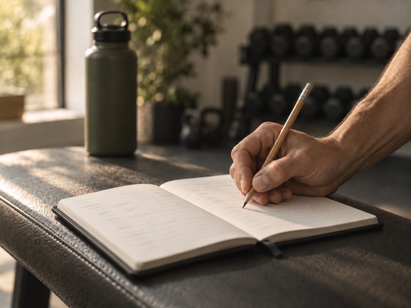 A hand writing the day's sets and loads into a training logbook on a gym bench.